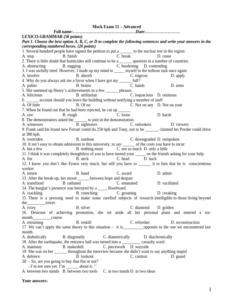 Advanced Mock Exam 11: Lexico-Grammar Test | PDF | Spanking | Writing