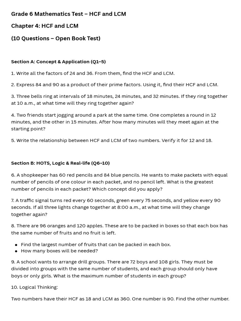 HCF and LCM Word Problems for Grade 6 | PDF