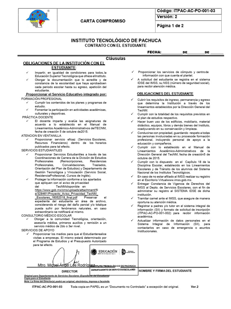Carta de Compromiso Estudiantil ITPAC | PDF | Plan de estudios