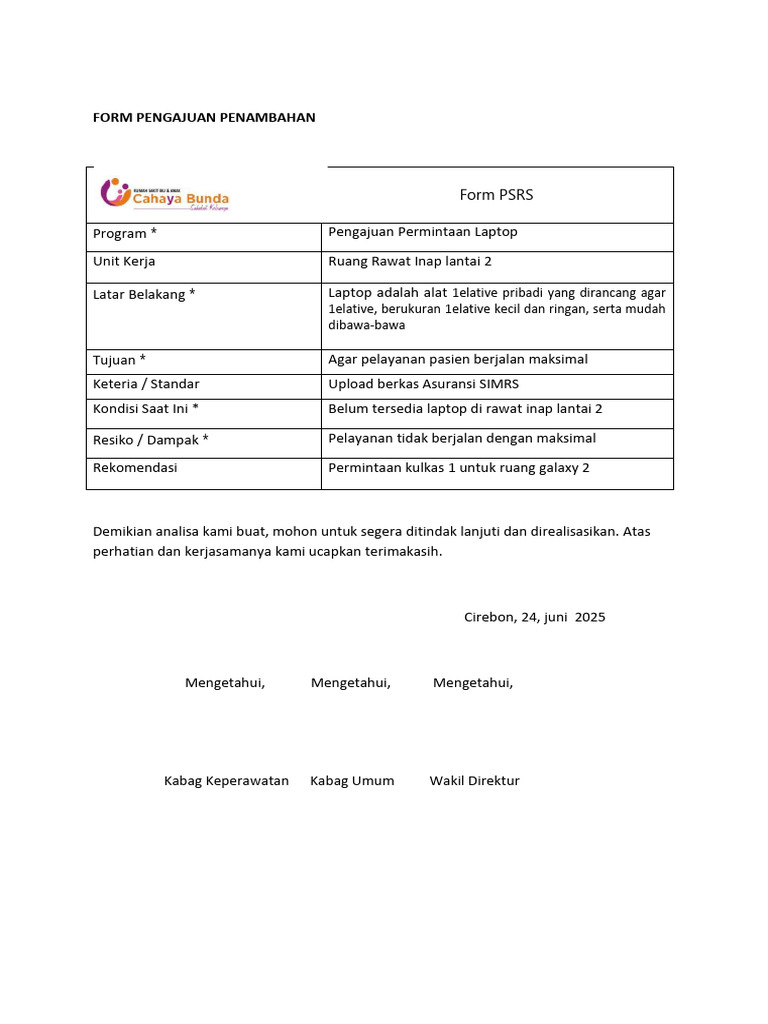 Formulir Pengajuan PSRS Laptop | PDF