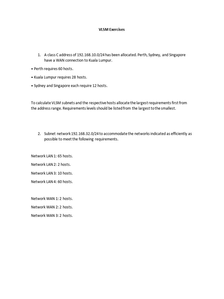 VLSM Subnetting Exercises and Solutions | PDF