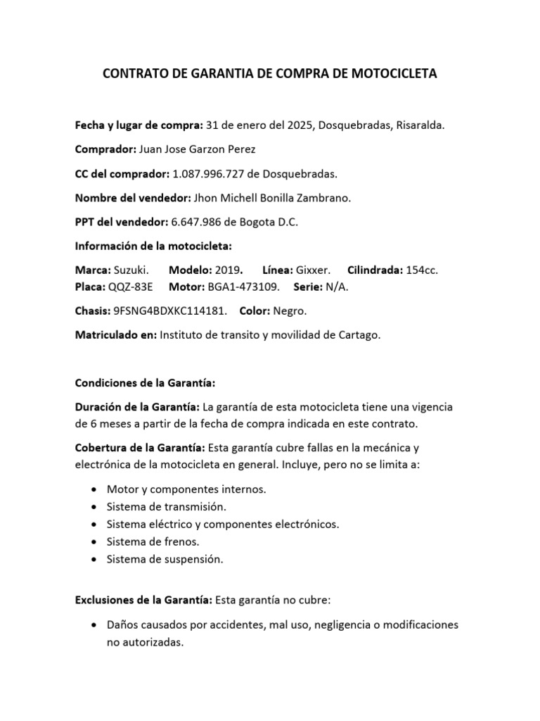 Contrato de Garantia de Compra de Motocicleta | PDF
