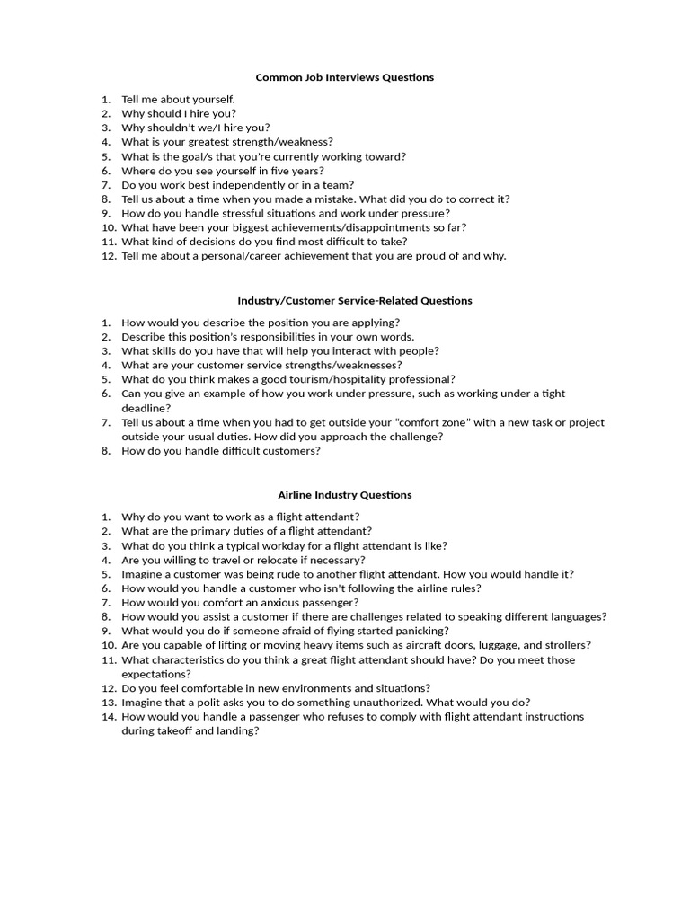 Essential Job Interview Questions | PDF | Job Interview | Flight Attendant
