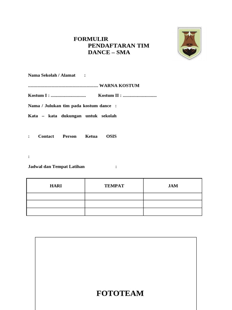 Formulir Pendaftaran Tim Dance SMA | PDF
