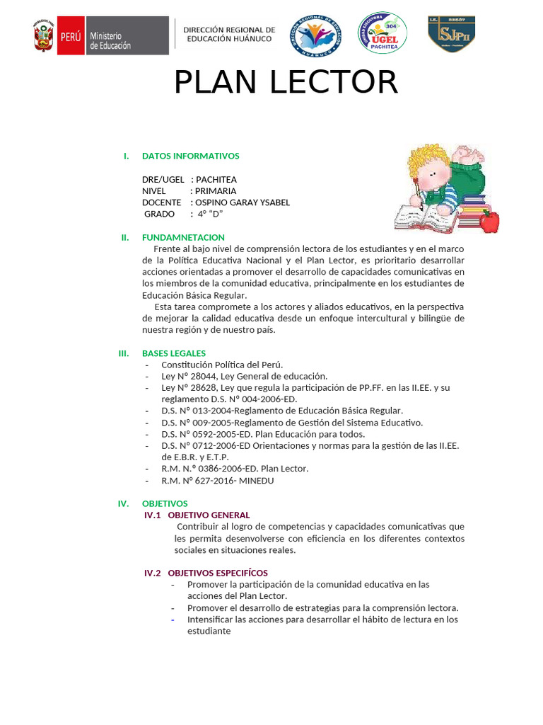 Plan Lector Cuarto Grado Pdf Educación Primaria Aprendizaje