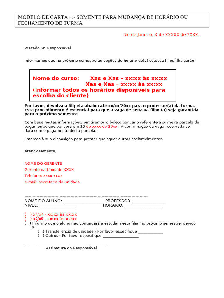 Carta para Mudança de Horário Escolar | PDF