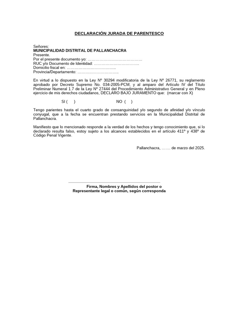Declaración Jurada de Parentesco | PDF