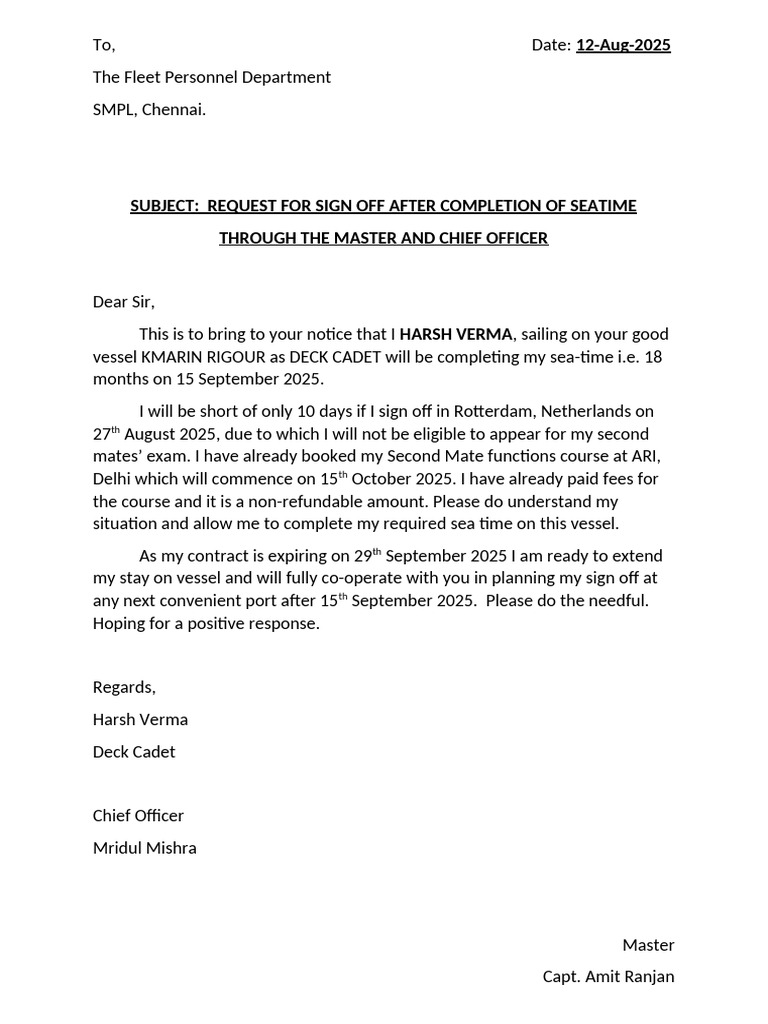 Sign Off Request for Deck Cadet Harsh Verma | PDF