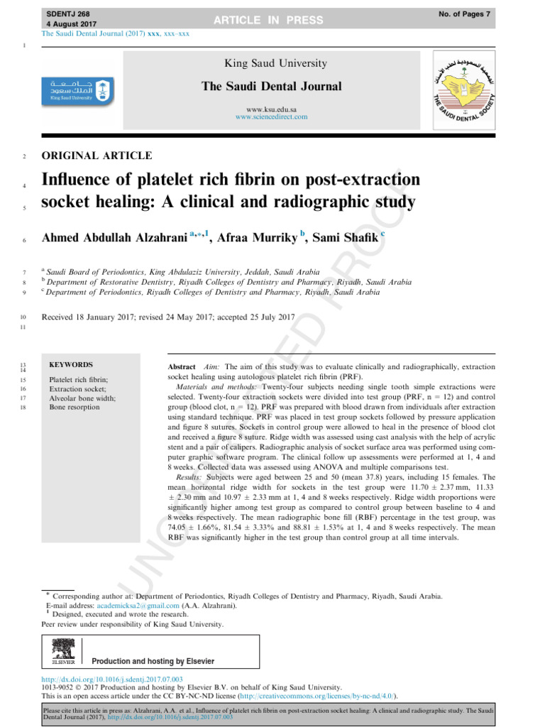 Influence of Platelet Rich Fibrin On Post-Extraction Socket Healing - A ...