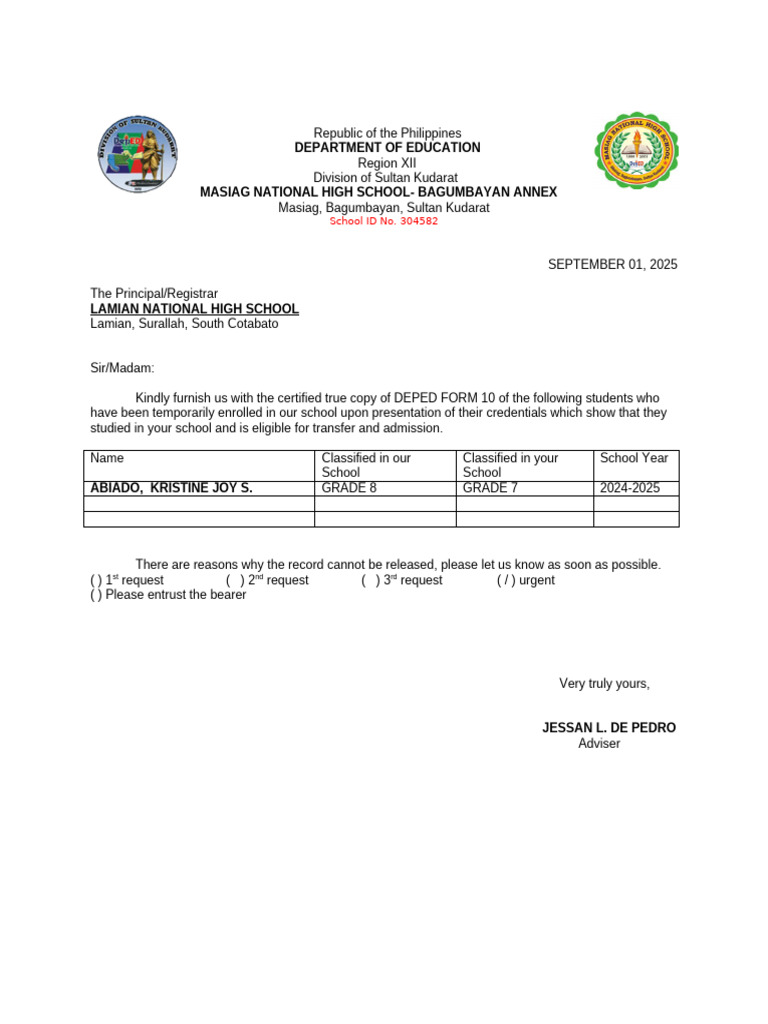 Request for DEPED Form 10 Copies | PDF | Government Institutions ...