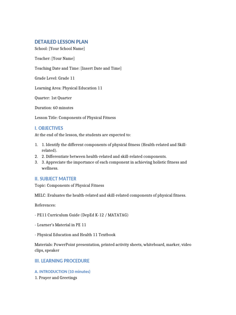Components of Physical Fitness Lesson Plan | PDF | Physical Fitness ...