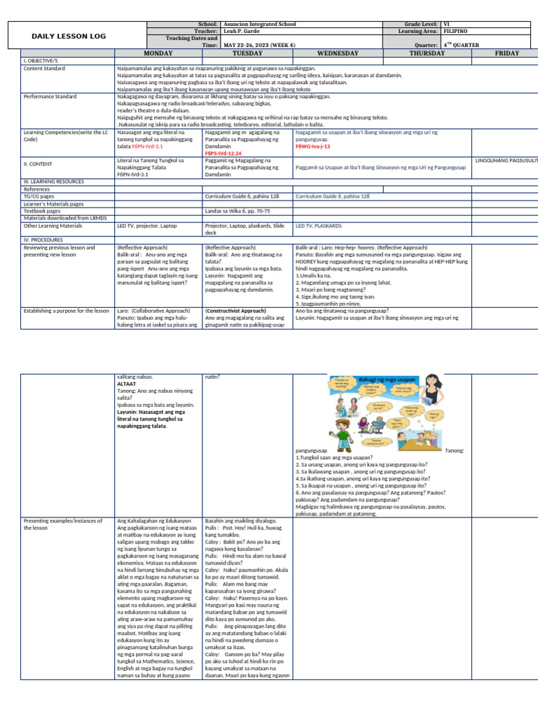 DLL Filipino 6 q4 w4 | PDF