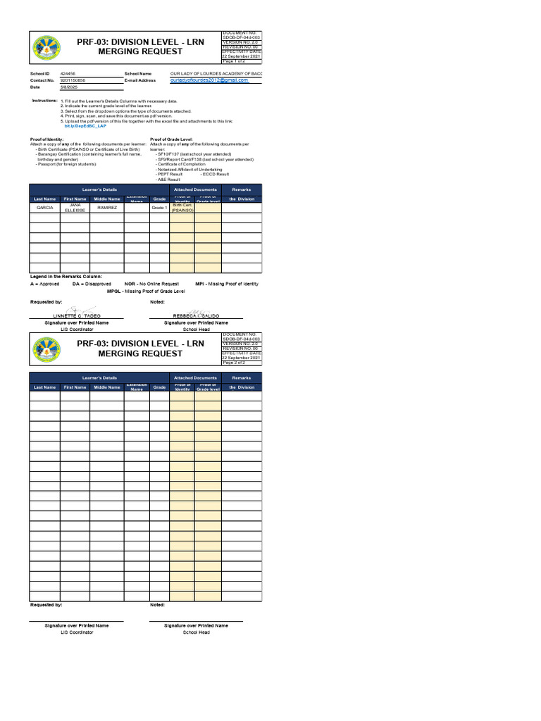 LRN Merging Request Form Template | PDF | Identity Document | Birth ...