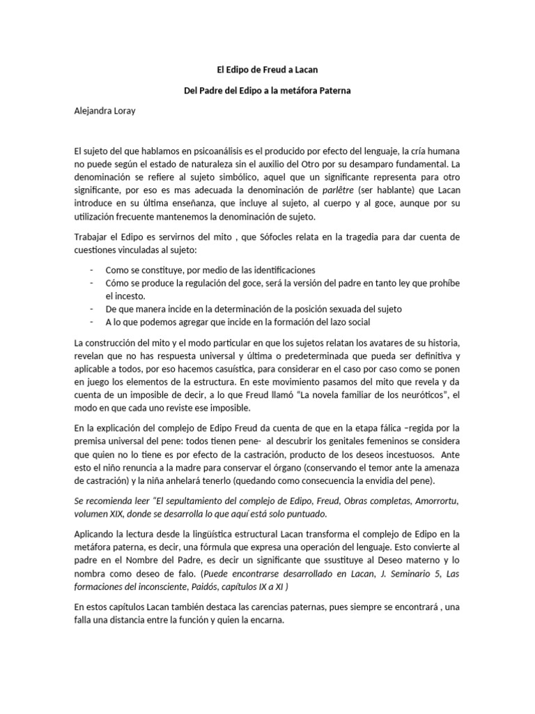 Edipo: Freud y Lacan en Psicoanálisis | PDF | Complejo de Edipo ...