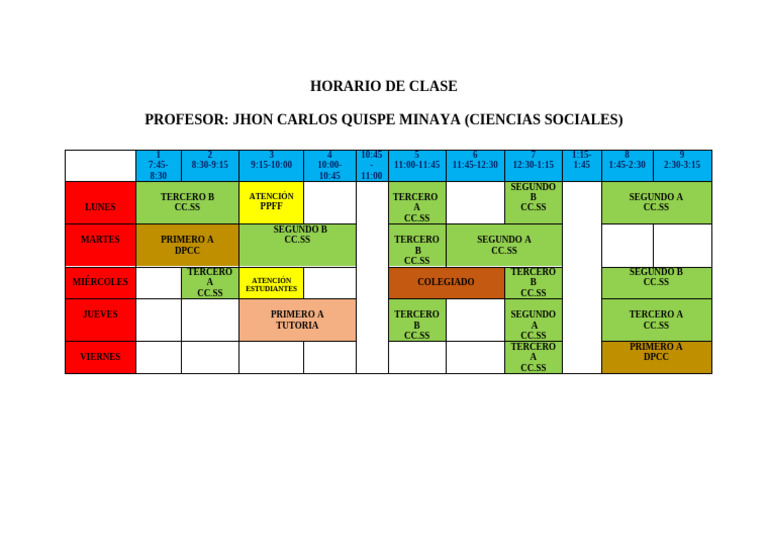 Horario Escolar de Ciencias Sociales | PDF