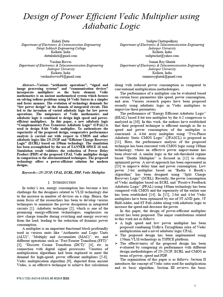 Power Efficient Vedic Multiplier Design | PDF | Cmos | Logic Gate