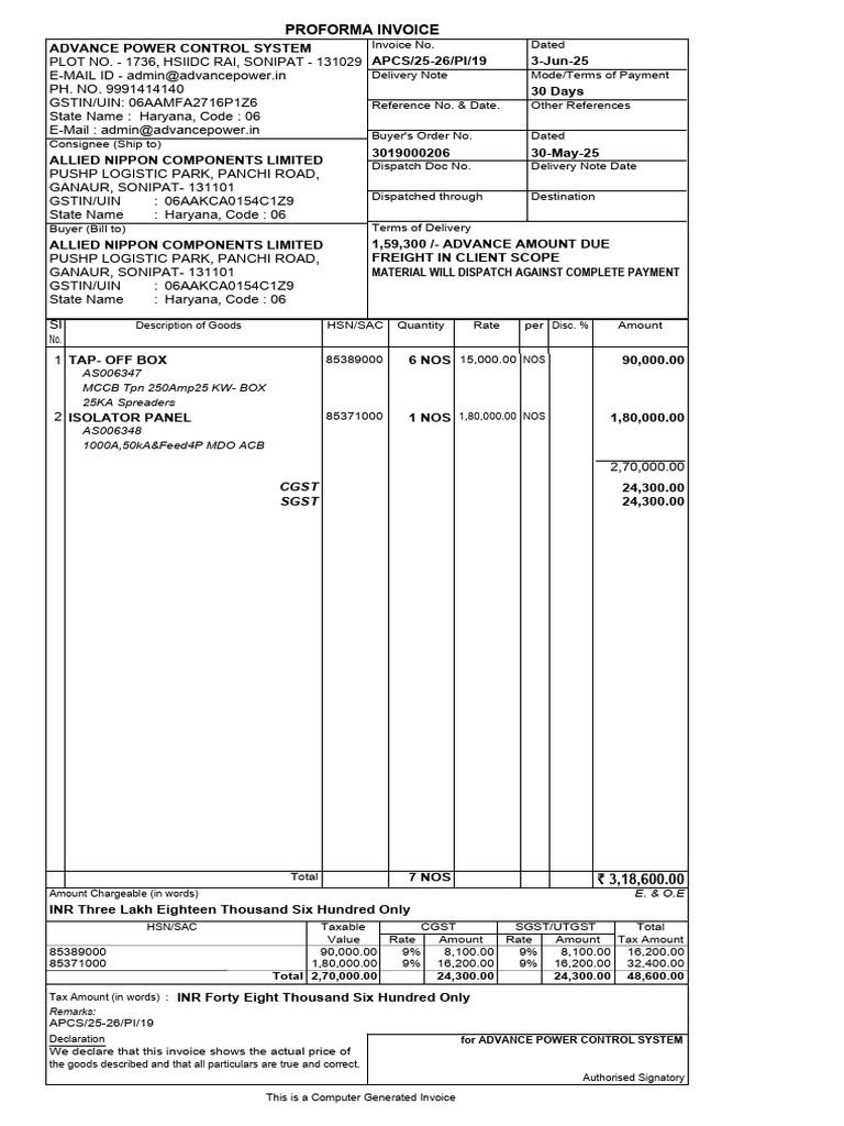 Proforma Invoice for Advance Power Control | PDF | Public Finance ...