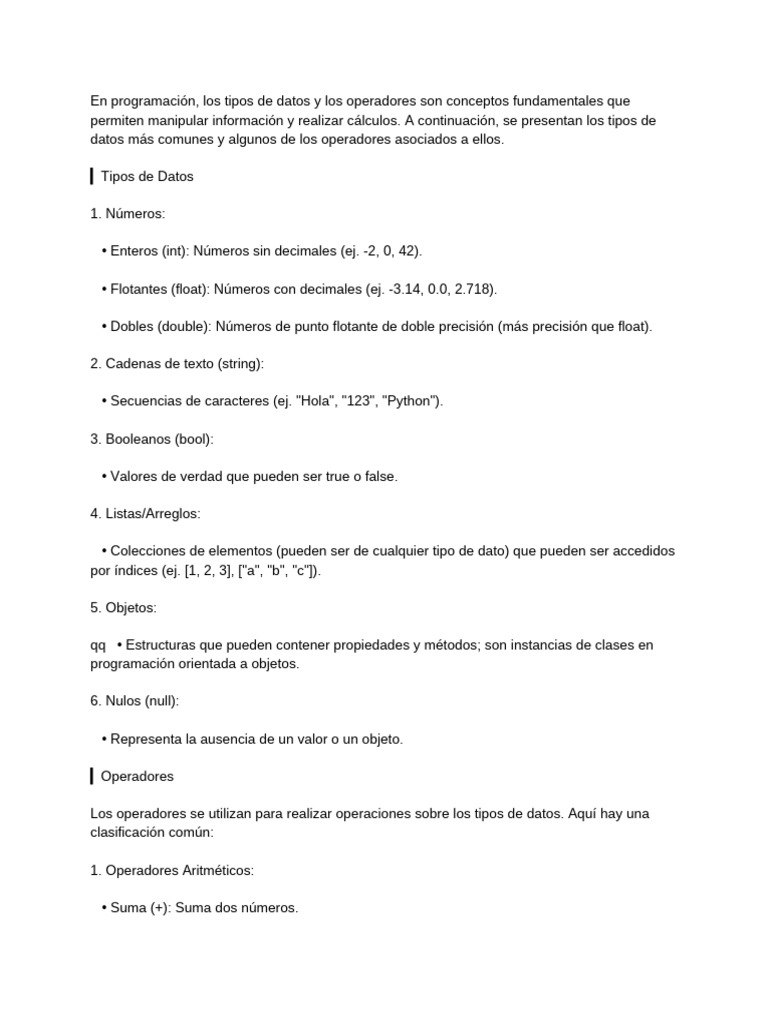 Tipos de Datos y Operadores en Programación | PDF | Tipo de datos ...