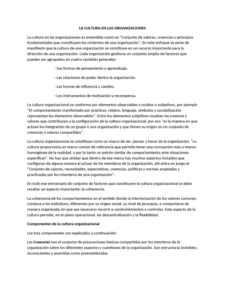 Cultura Organizacional: Componentes y Tipos | PDF | Cultura ...