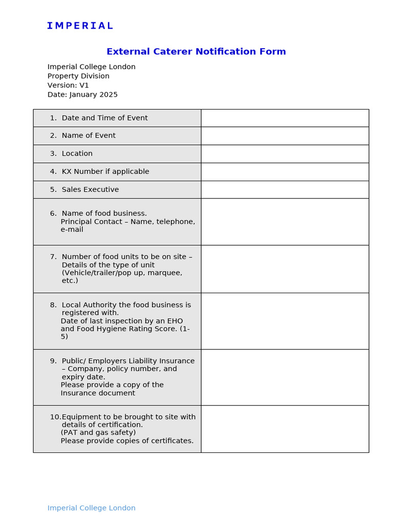 External Caterer Notification Form | PDF | Food Safety | Safety