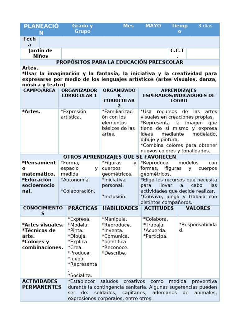 Planeación de Artes para Preescolar | PDF | Pinturas | Dibujo