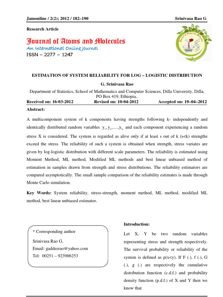Estimation of System Reliability For Log - Logistic Distribution | PDF ...