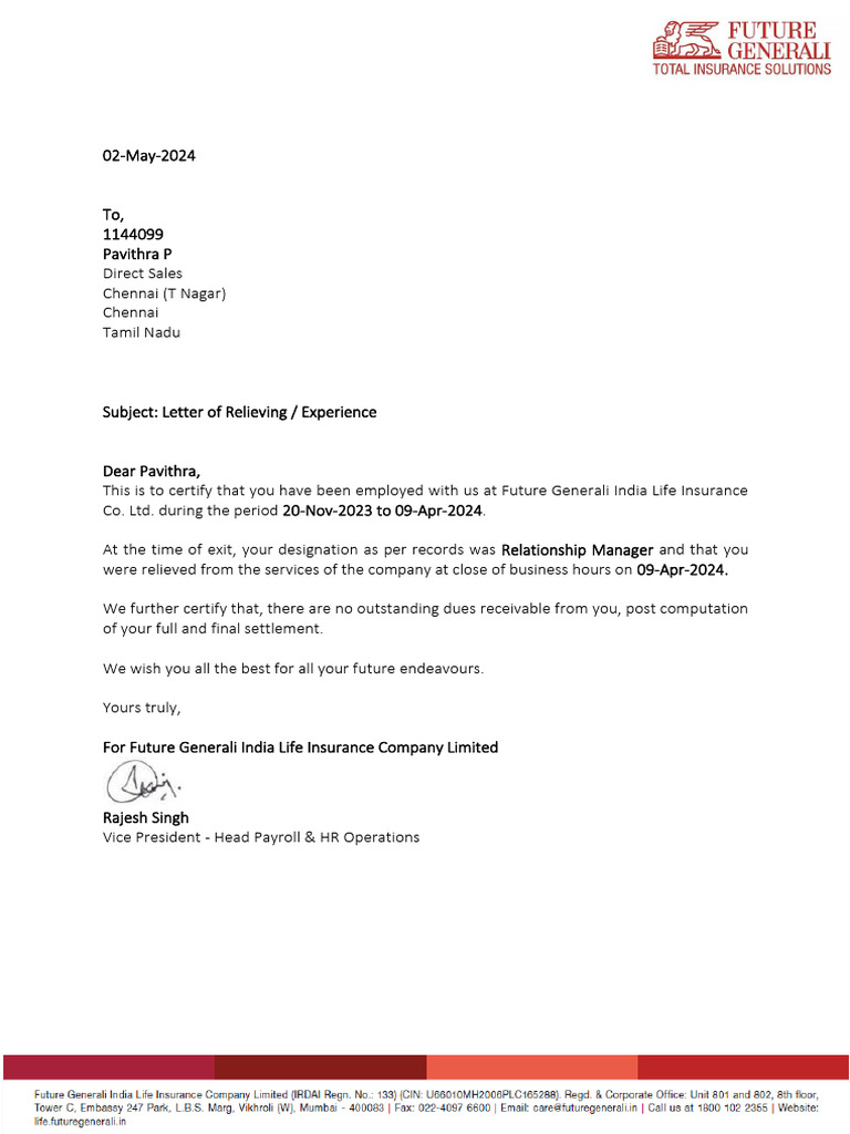 Relieving Letter | PDF