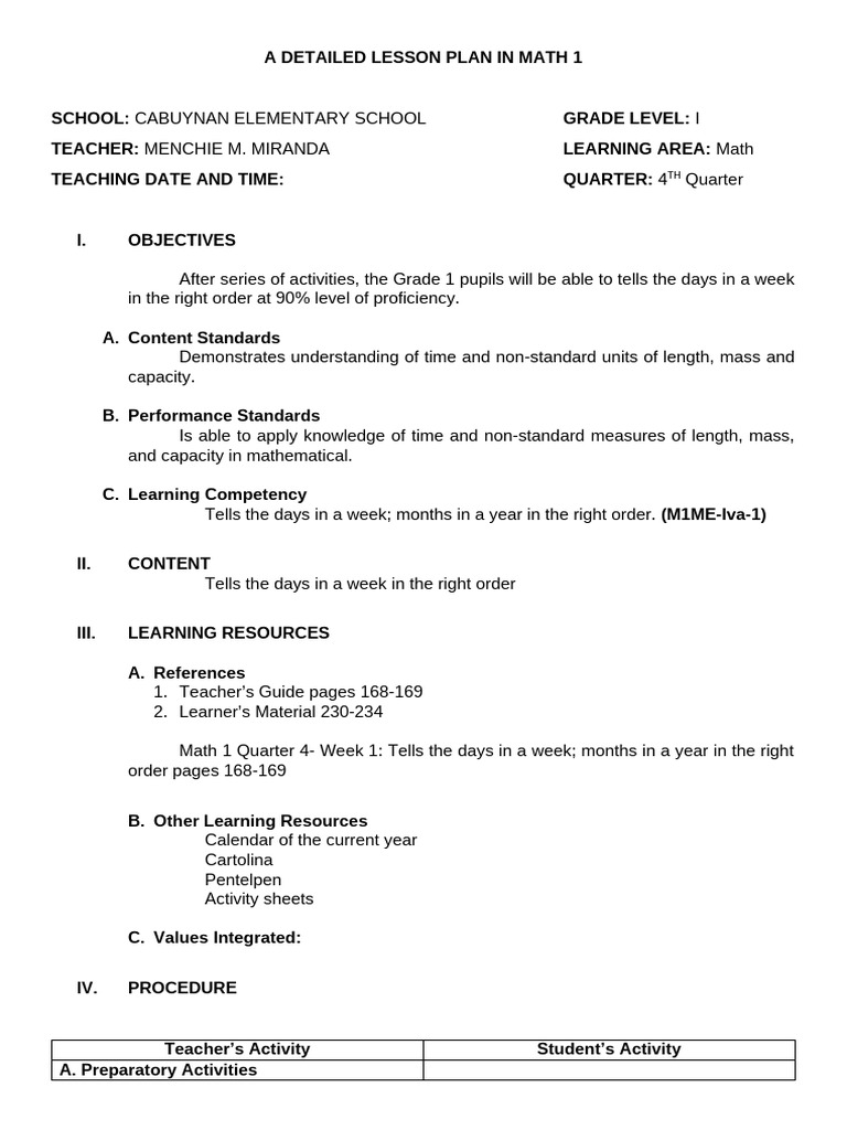 Grade 1 Math Lesson Plan: Days of Week | PDF | Lesson Plan | Learning