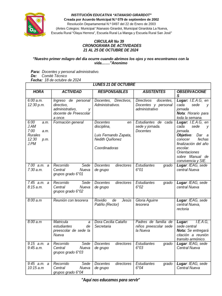Cronograma de Actividades Del 21 Al 25 de Octubre-2024-2 | PDF | Etapas ...