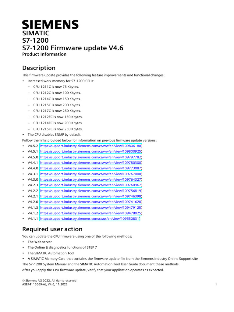 S7-1200 Firmware Update V4.6 Details | PDF | Central Processing Unit ...