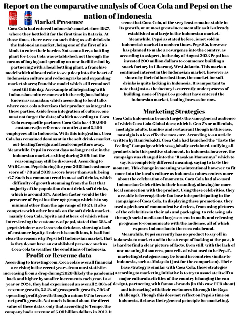Report On The Comparison Analysis of Coca Cola and Pepsi On The Nation ...