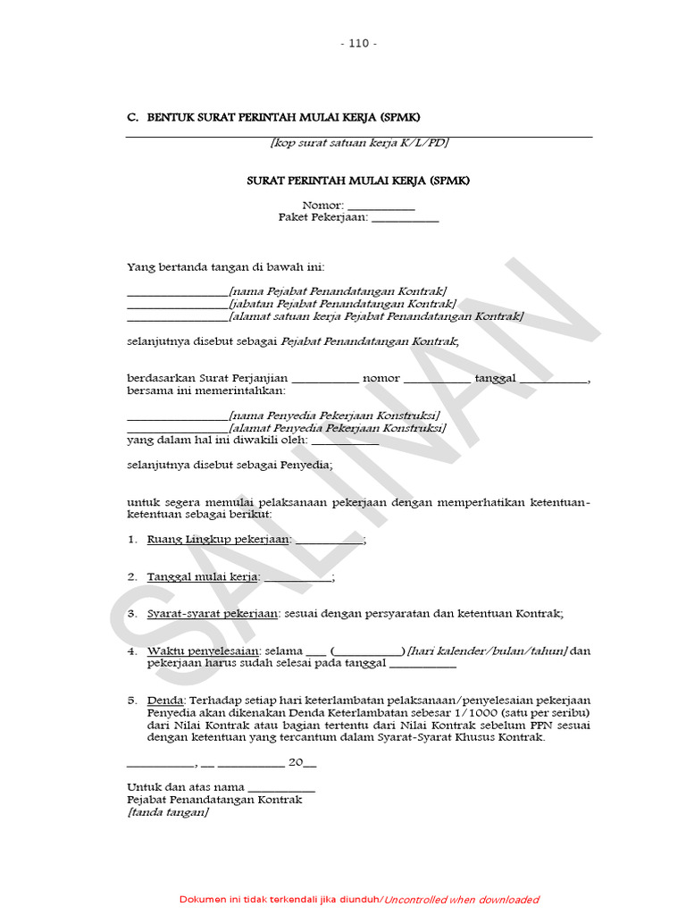 Contoh Surat Perintah Mulai Kerja SPMK | PDF
