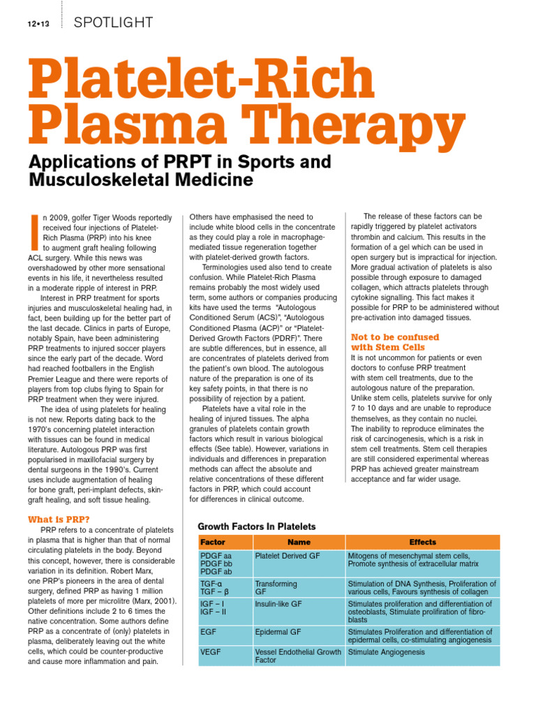 PRP Therapy in Sports Medicine | PDF | Platelet | Wound Healing