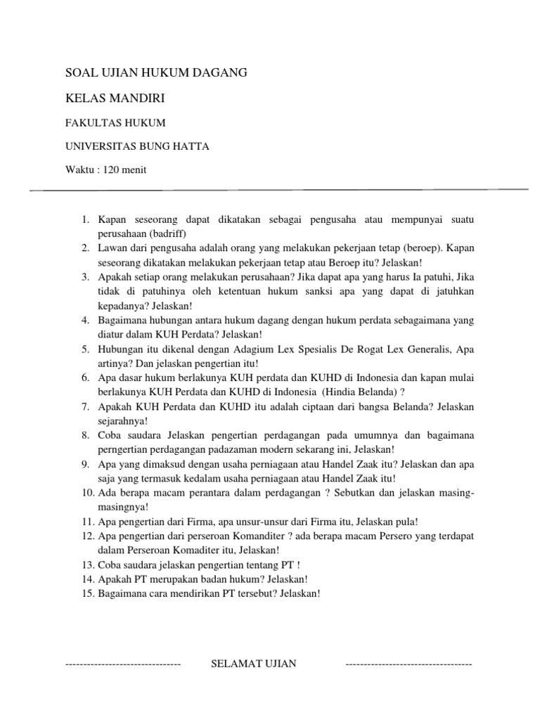 Soal Ujian Hukum Dagang