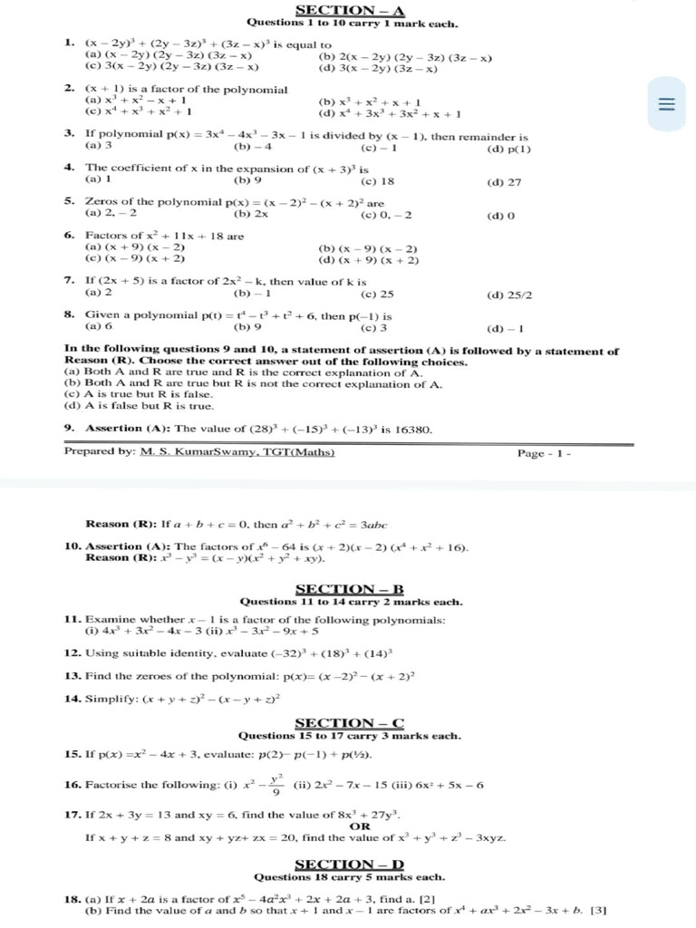 Polynomial Factorization and Evaluation Guide | PDF | Polynomial ...