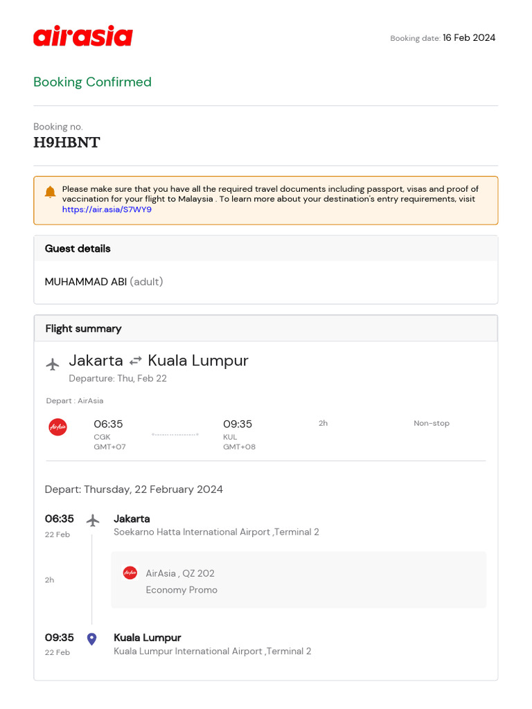 AirAsia Flight QZ 202 Booking Confirmation | PDF