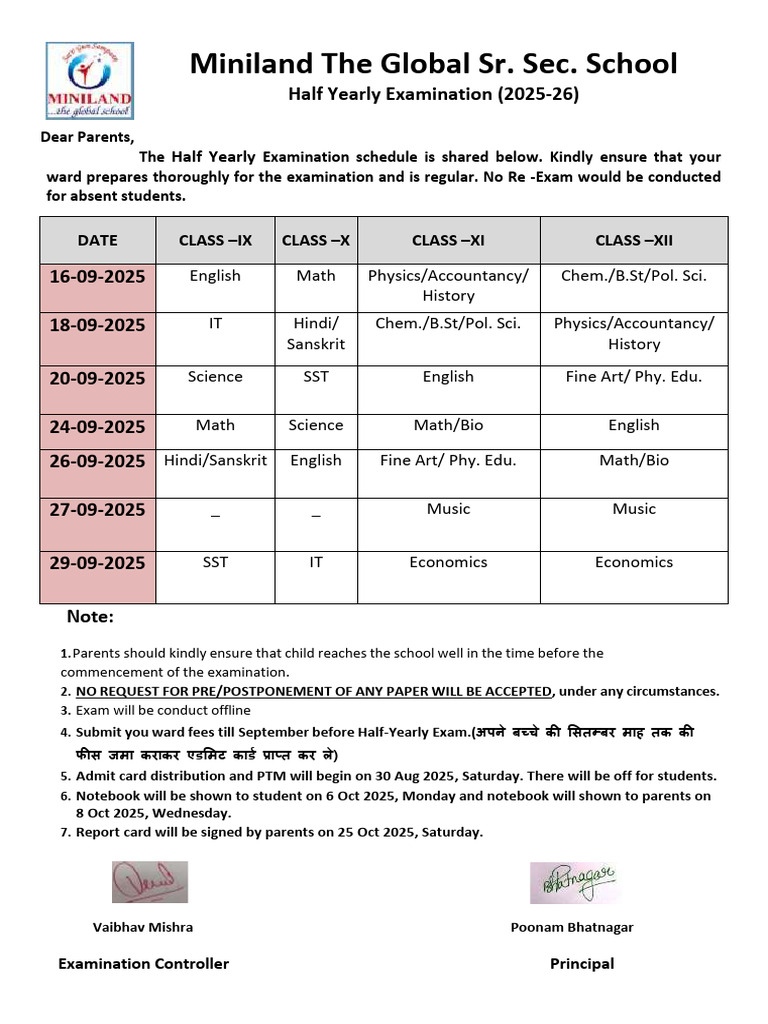 DATE SHEET Half Yearly (2025-26) Class 9 To 12-1 | PDF