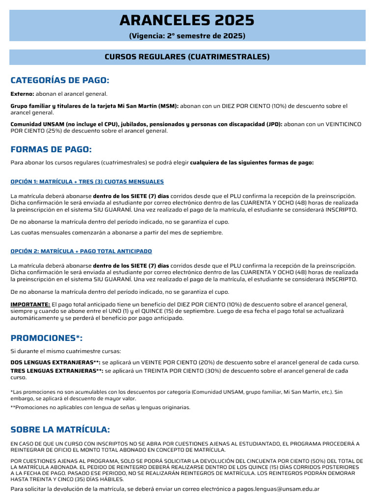 Cursos Idiomas Aranceles 2025 2C | PDF