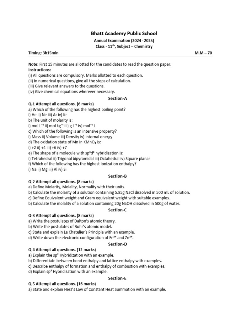 Class 11 Chemistry Exam Paper 2024-2025 | PDF | Chemical Reactions ...
