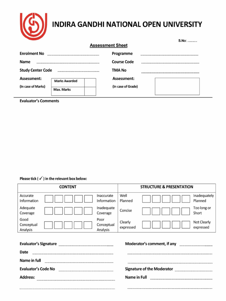 Ignou Evaluator Sheet | PDF