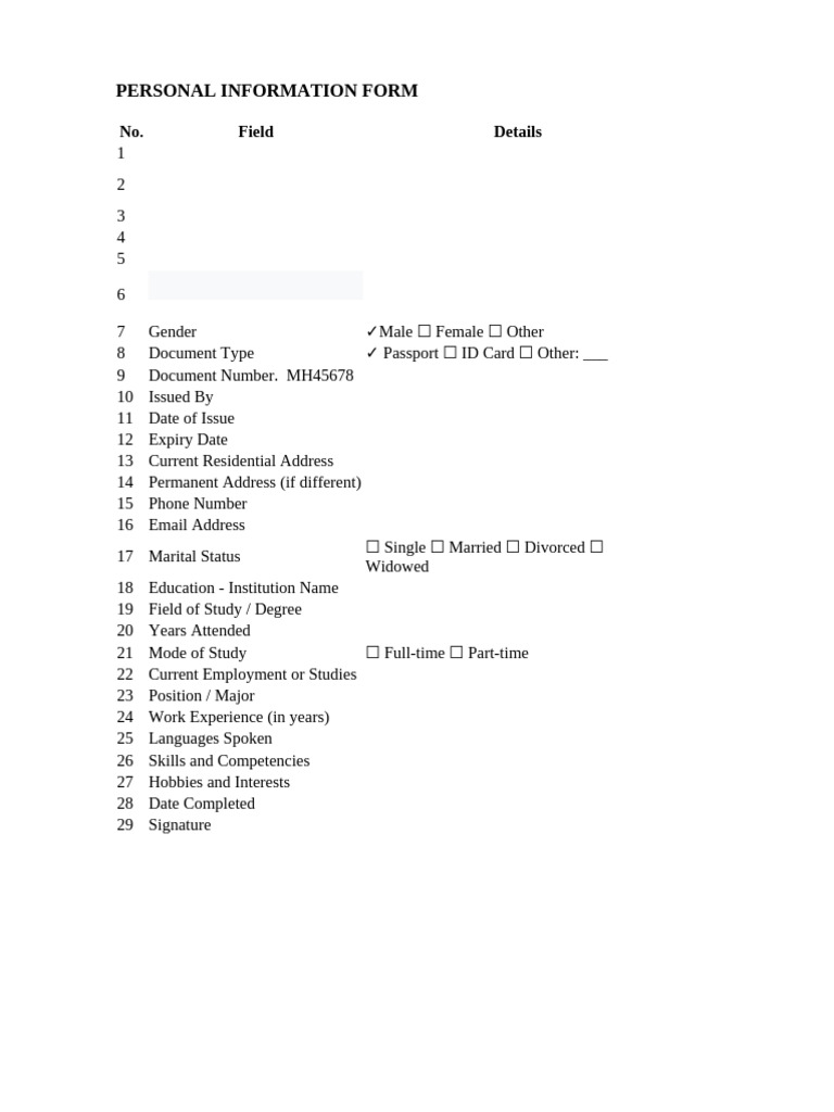 Personal Information Form Template | PDF