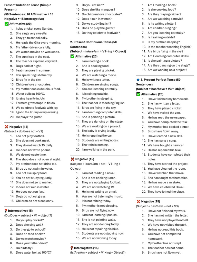 Present Tenses: 200 Example Sentences | PDF | English Language