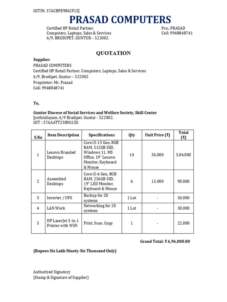 Quotation for Computer Supplies | PDF | Laptop | Hewlett Packard