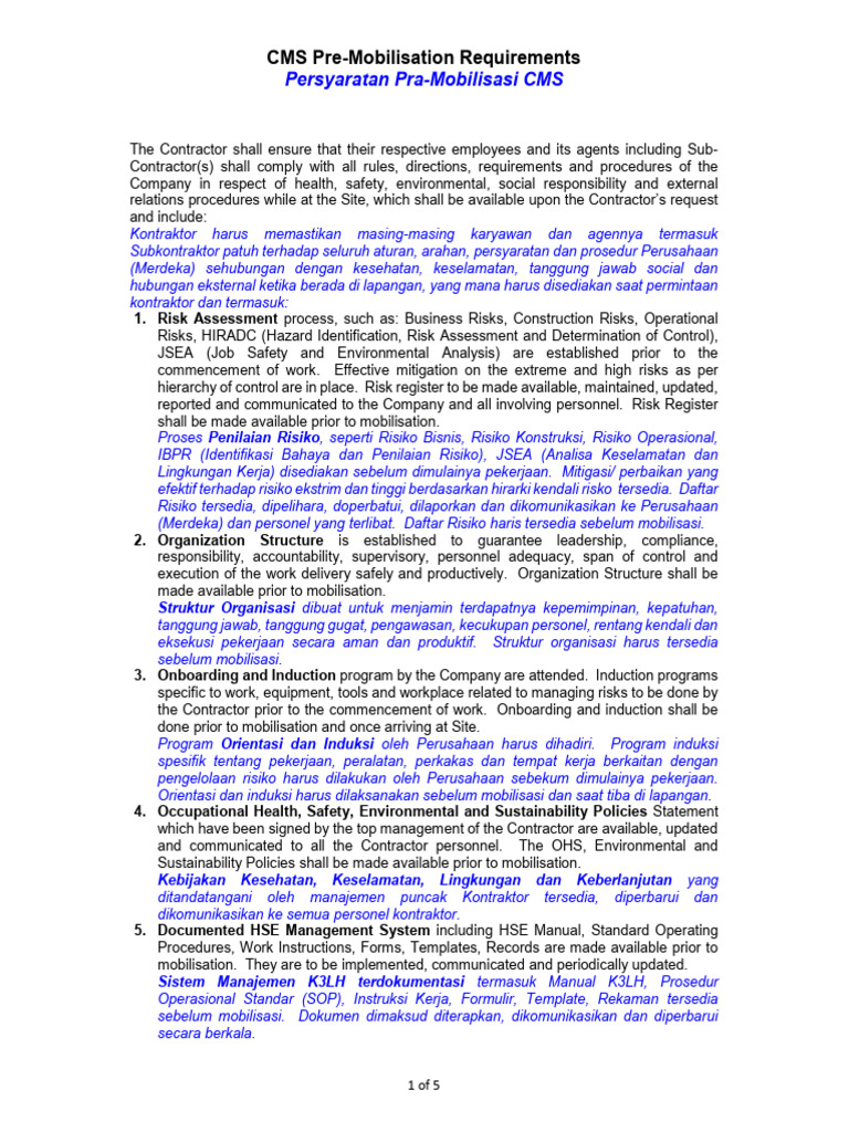 CMS Pre-Mobilisation Compliance Checklist | PDF | Workplace | Business