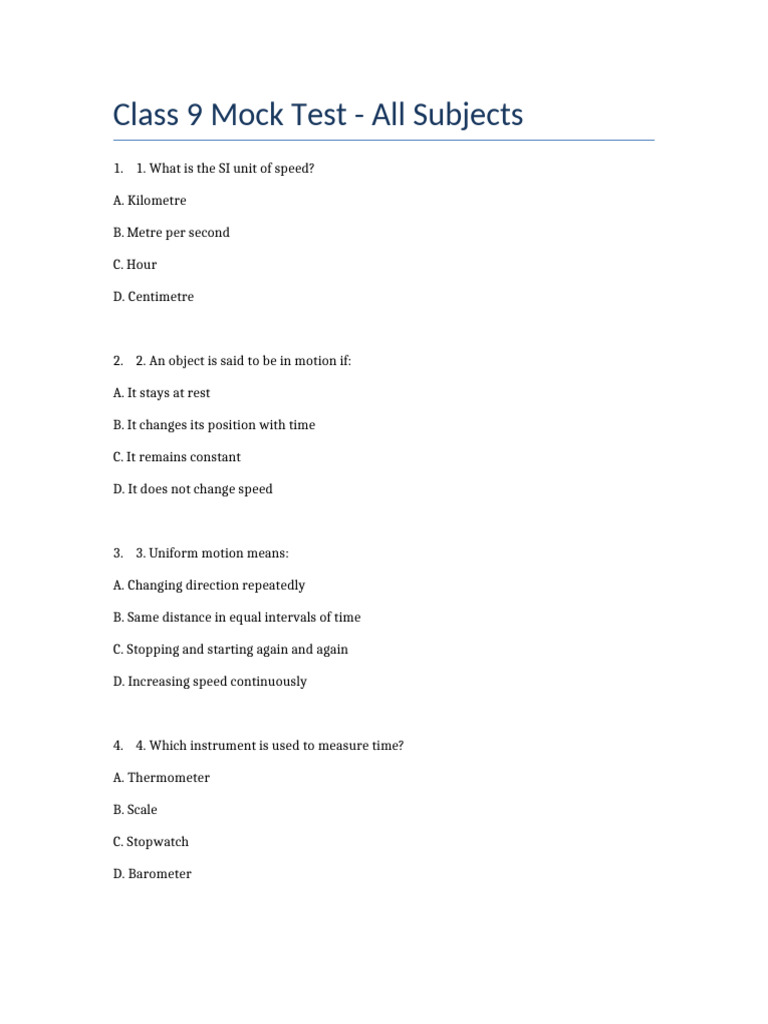 Class 9 Free Mock Test Overview | PDF | Speed | Rational Number