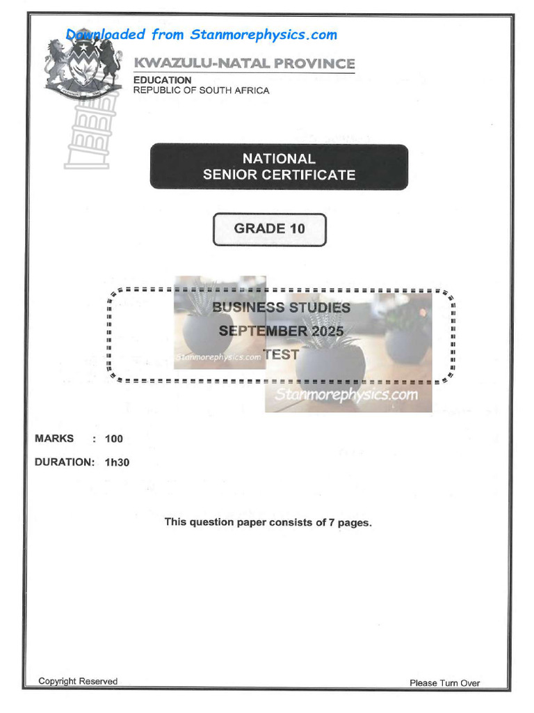 KZN Business Studies Grade 10 September 2025 QP and Memo | PDF