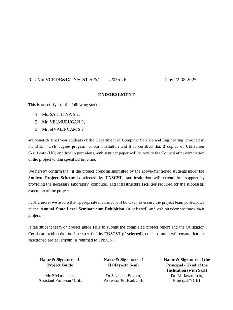 TNSCST Project Endorsement Certificate | PDF
