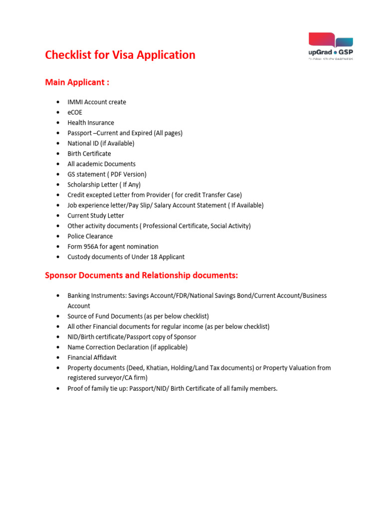 Visa Application Document Checklist | PDF | Receipt | Birth Certificate