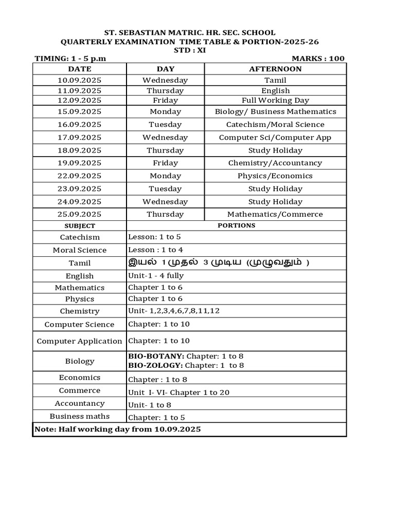 11th Quarterly Exam Time Table 2025 | PDF
