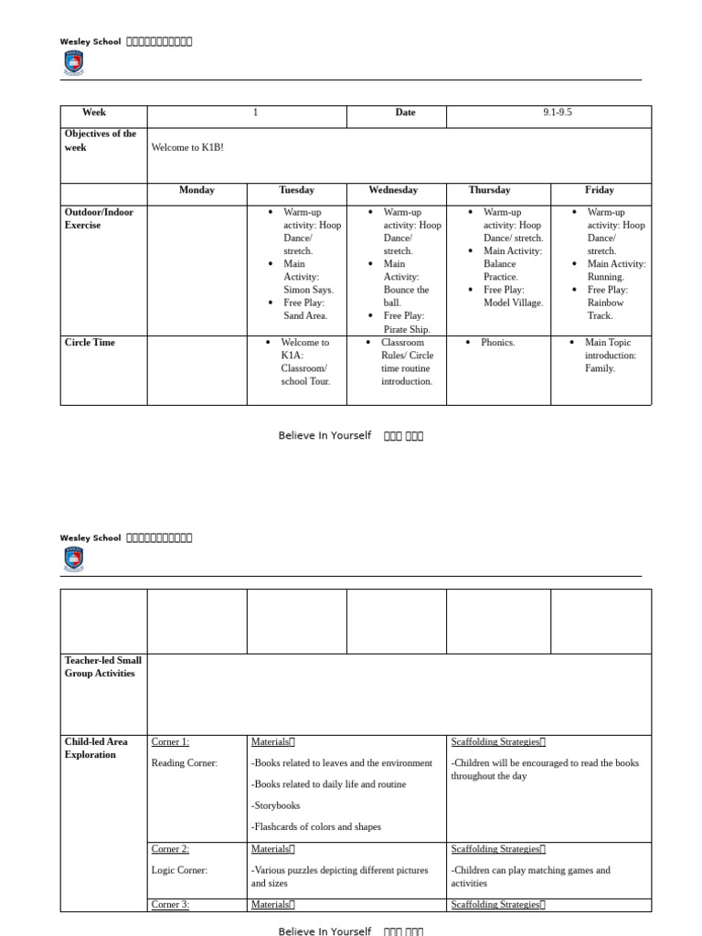 K1B Weekly Activities at Wesley School | PDF